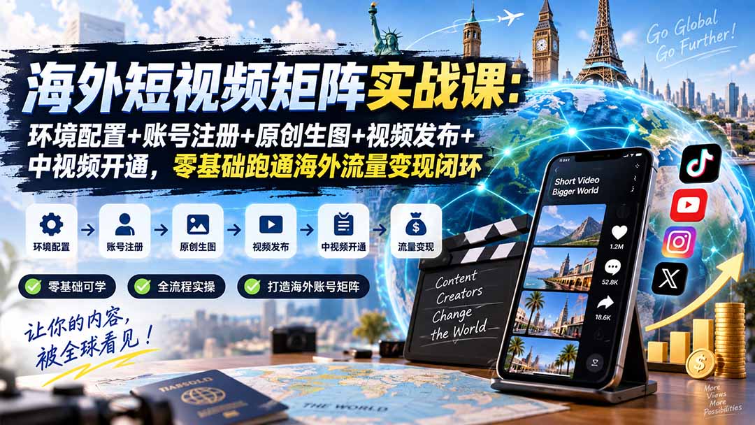 海外短视频矩阵实战课：环境配置+账号注册+原创生图+视频发布+中视频开通，零基础跑通海外流量变现闭环-橙心云网创