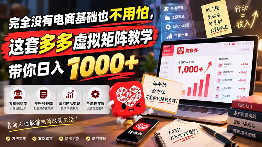 完全没有电商基础也不用怕，这套多多虚拟矩阵教学带你日入 1000+-橙心云网创