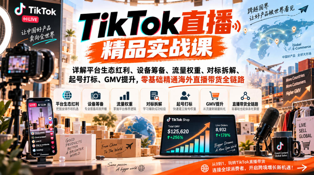 TikTok直播精品实战课,详解平台生态红利、设备筹备、流量权重、对标拆解、起号打标、GMV提升,零基础精通海外直播带货全链路-橙心云网创