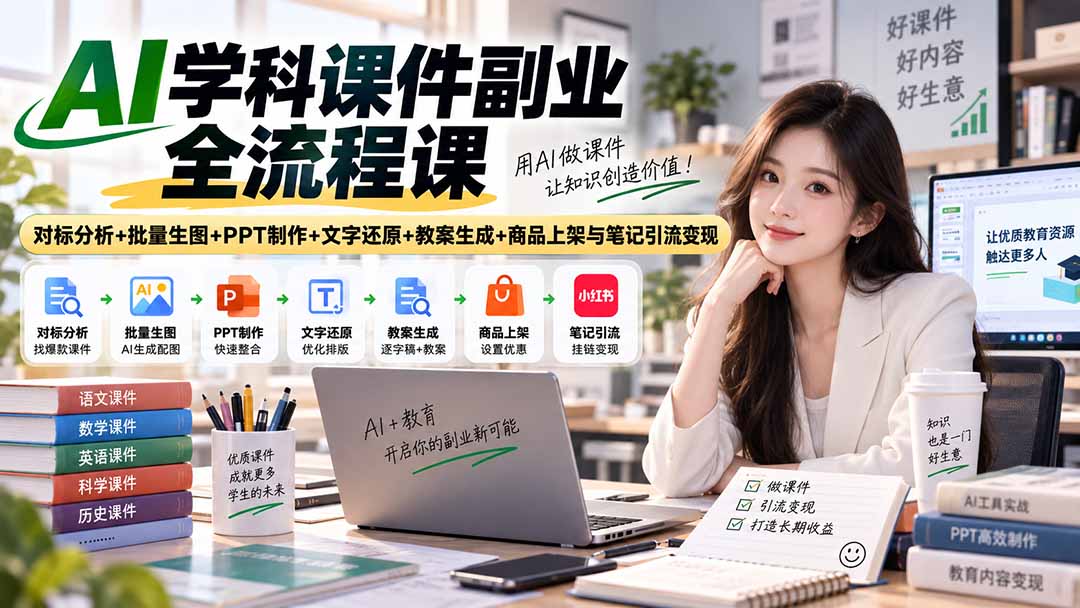 AI学科课件副业全流程课｜对标分析+批量生图+PPT制作+文字还原+教案生成+商品上架与笔记引流变现-橙心云网创