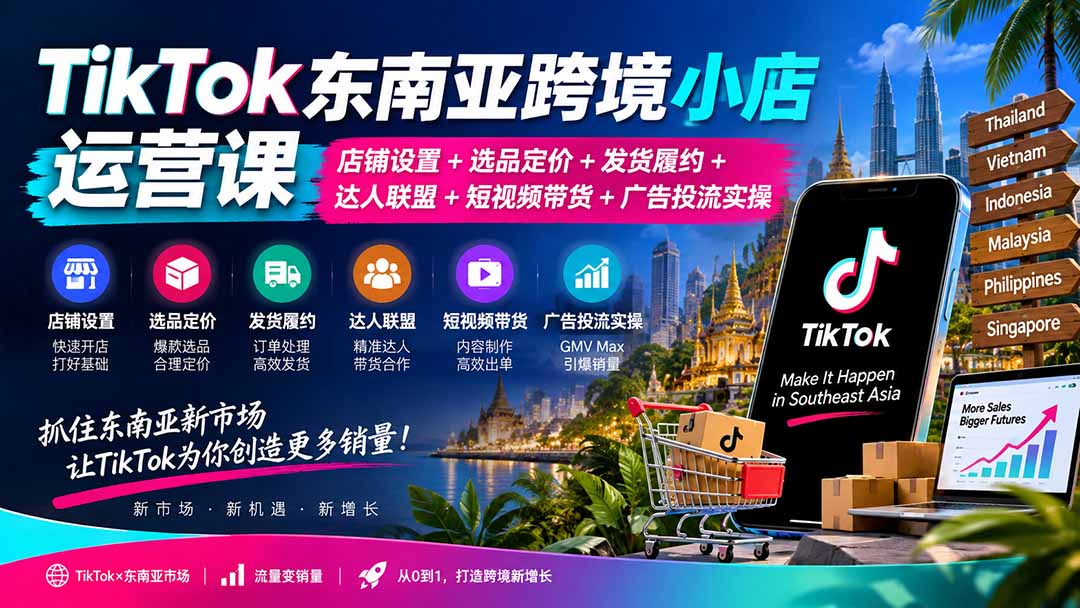 TikTok东南亚跨境小店运营课：店铺设置+选品定价+发货履约+达人联盟+短视频带货+广告投流实操-橙心云网创