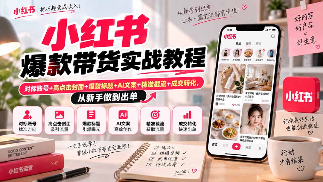 小红书爆款带货实战教程｜对标账号+高点击封面+爆款标题+AI文案+精准截流+成交转化，从新手做到出单-橙心云网创