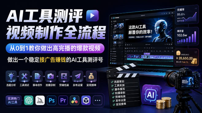 AI工具测评视频制作全流程，从0到1教你做出高完播的爆款视频，做出一个稳定接广告賺钱的AI工具测评号-橙心云网创