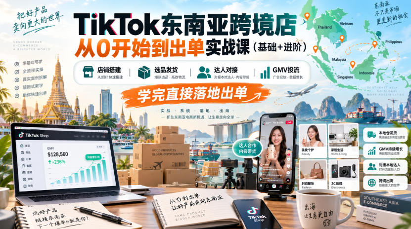 TikTok东南亚跨境店从0开始到出单实战课(基础+进阶)，店铺搭建、选品发货、达人对接、GMV投流，学完直接落地出单-橙心云网创