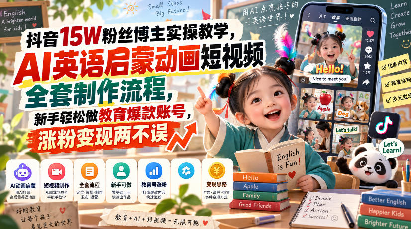 抖音15W粉丝博主实操教学,AI英语启蒙动画短视频全套制作流程,新手轻松做教育爆款账号,涨粉变现两不误-橙心云网创
