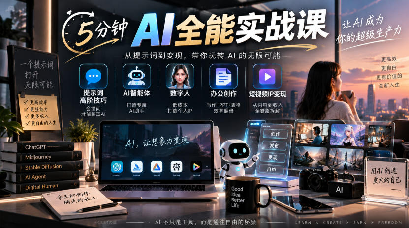 5分钟AI全能实战课|提示词高阶技巧+AI智能体+数字人+办公创作+短视频IP变现全教程-橙心云网创