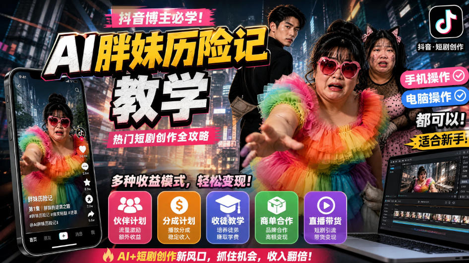 抖音博主的AI胖妹历险记教学,伙伴计划+分成计划+收徒+商单等多种收益,适合新手,手机电脑都可以操作-橙心云网创
