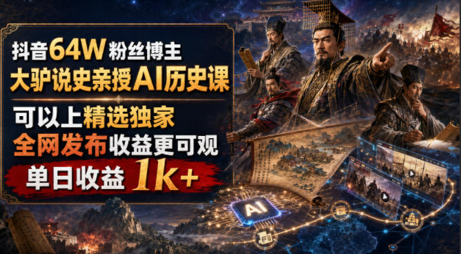 抖音64W粉丝博主大驴说史亲授AI历史课，可以上精选独家，全网发布收益更可观，单日收益1k+(更新)-橙心云网创