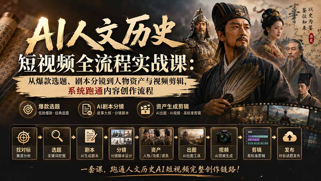 AI人文历史短视频全流程实战课-更新:从爆款选题、剧本分镜到人物资产与视频剪辑,系统跑通内容创作流程-橙心云网创