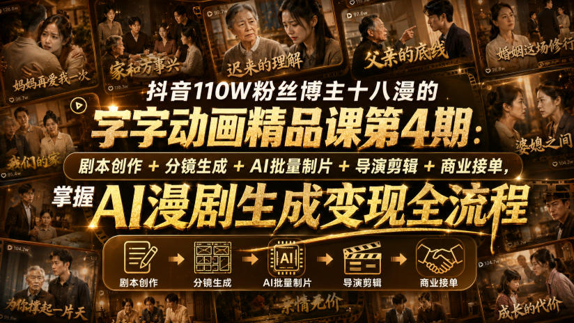 抖音110W粉丝博主十八漫的字字动画精品课第4期:剧本创作+分镜生成+剪辑+商业接单,掌握AI漫剧生成变现全流程(更新0916)-橙心云网创