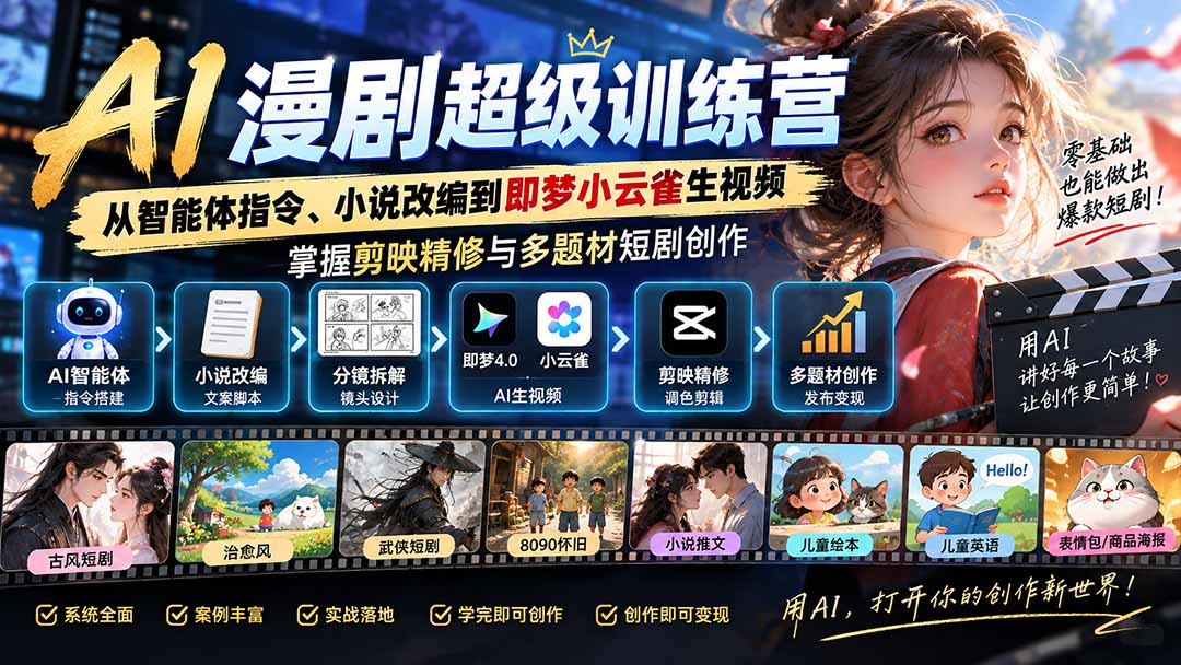AI漫剧超级特训营:从智能体指令、小说改编到即梦小云雀生视频,掌握剪映精修与多题材短剧创作-橙心云网创
