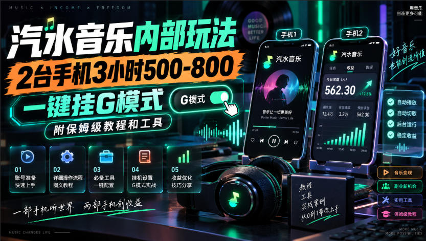 汽水音乐内部玩法，2台手机3小时500-800，一键挂G模式，附保姆级教程和工具【揭秘】-橙心云网创