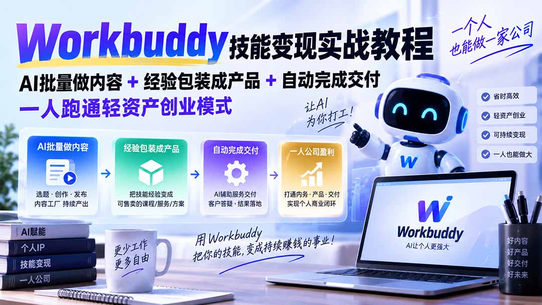 Workbuddy技能变现实战教程:AI批量做内容+经验包装成产品+自动完成交付,一人跑通轻资产创业模式-橙心云网创