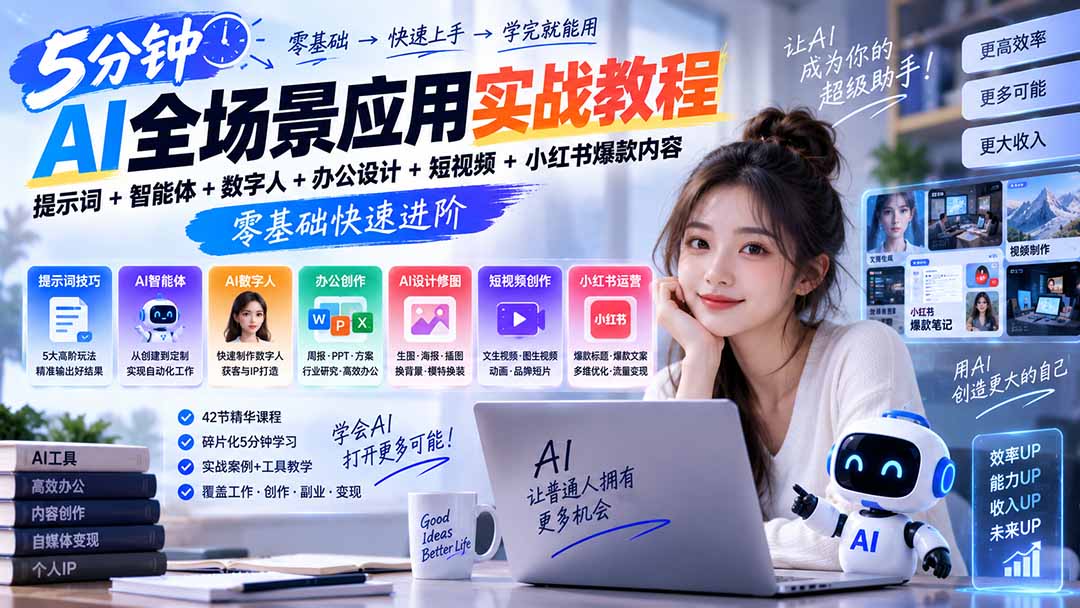 AI全场景应用实战教程|提示词+智能体+数字人+办公设计+短视频+小红书爆款内容,零基础快速进阶-橙心云网创