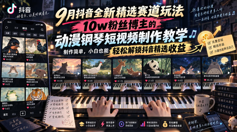 9月抖音全新精选赛道玩法，10w粉丝博主的动漫钢琴短视频制作教学，制作简单，小白也能轻松解锁抖音精选收益-橙心云网创