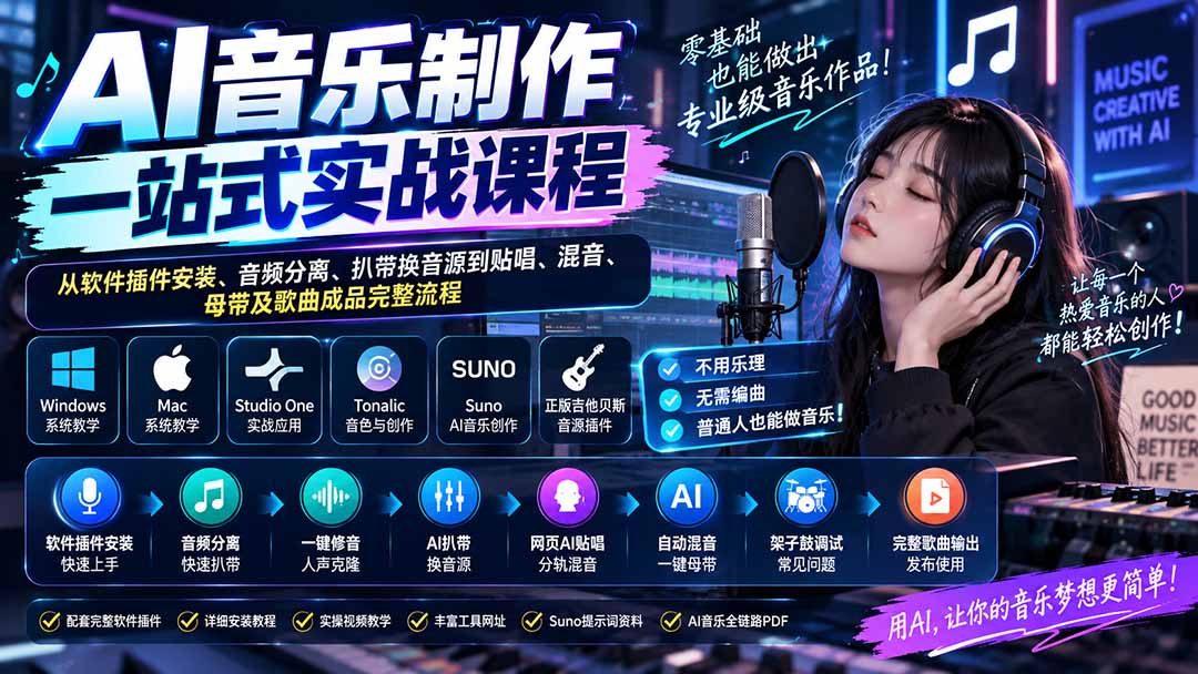 AI音乐制作一站式实战课程：从软件插件安装、音频分离、扒带换音源到贴唱、混音、母带及歌曲成品完整流程-橙心云网创