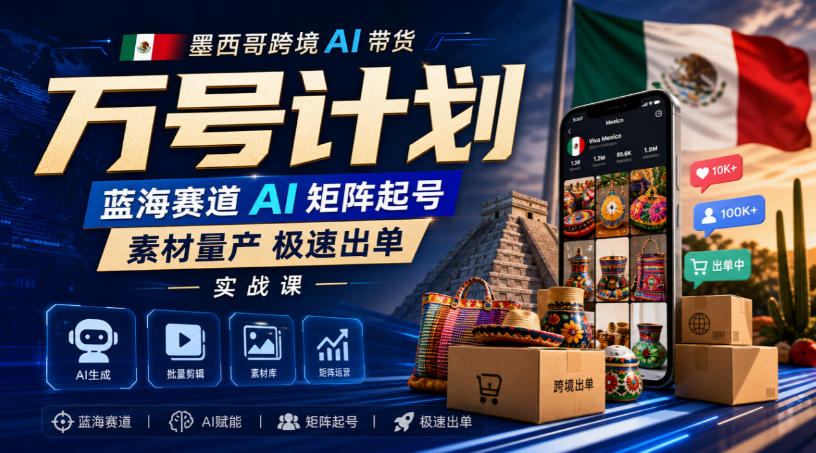 墨西哥跨境AI带货万号计划,蓝海赛道AI矩阵起号,素材量产极速出单实战课-橙心云网创