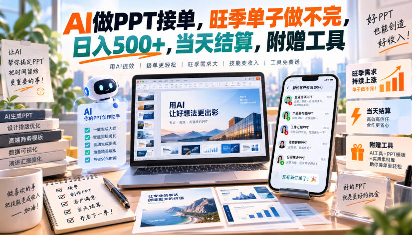 AI做PPT接单,旺季单子做不完,日入500+,当天结算,附赠工具【揭秘】-橙心云网创