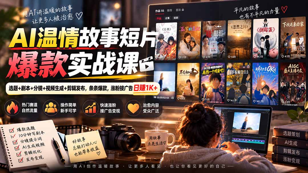 AI温情故事短片爆款实战课-更新|选题+剧本+分镜+视频生成+剪辑发布,条条爆款,涨粉接广告日赚1K+-橙心云网创