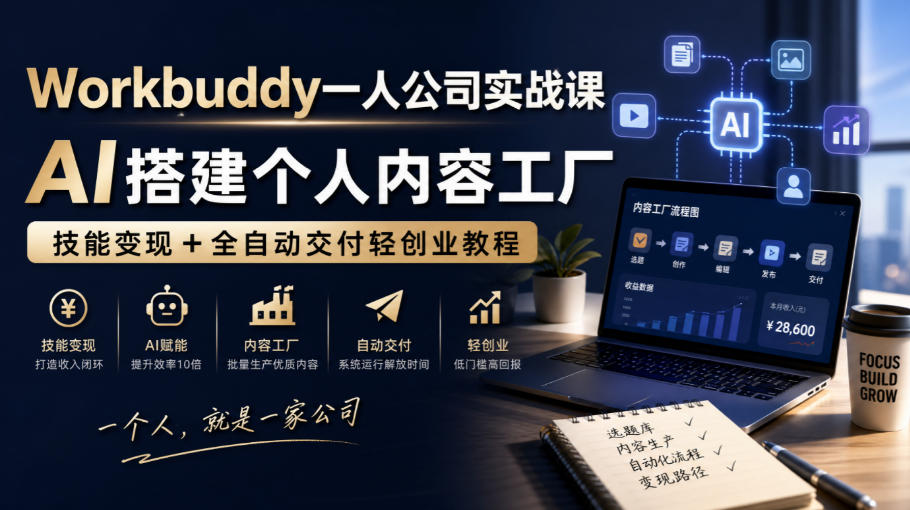 Workbuddy一人公司实战课,AI搭建个人内容工厂,技能变现+全自动交付轻创业教程-橙心云网创