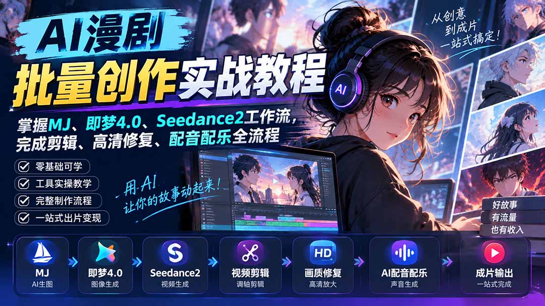 AI漫剧批量创作实战教程:掌握MJ、即梦4.0、Seedance2工作流,完成剪辑、高清修复、配音配乐全流程-橙心云网创