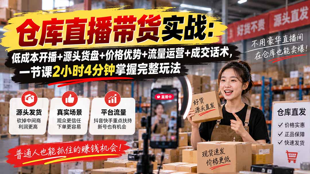 仓库直播带货实战：低成本开播+源头货盘+价格优势+流量运营+成交话术，一节课2小时4分钟掌握完整玩法-橙心云网创