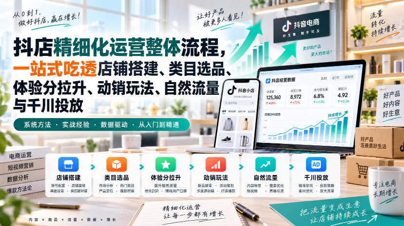 李哥电商-抖店精细化运营整体流程,一站式吃透店铺搭建、类目选品、体验分拉升、动销玩法、自然流量与千川投放-橙心云网创