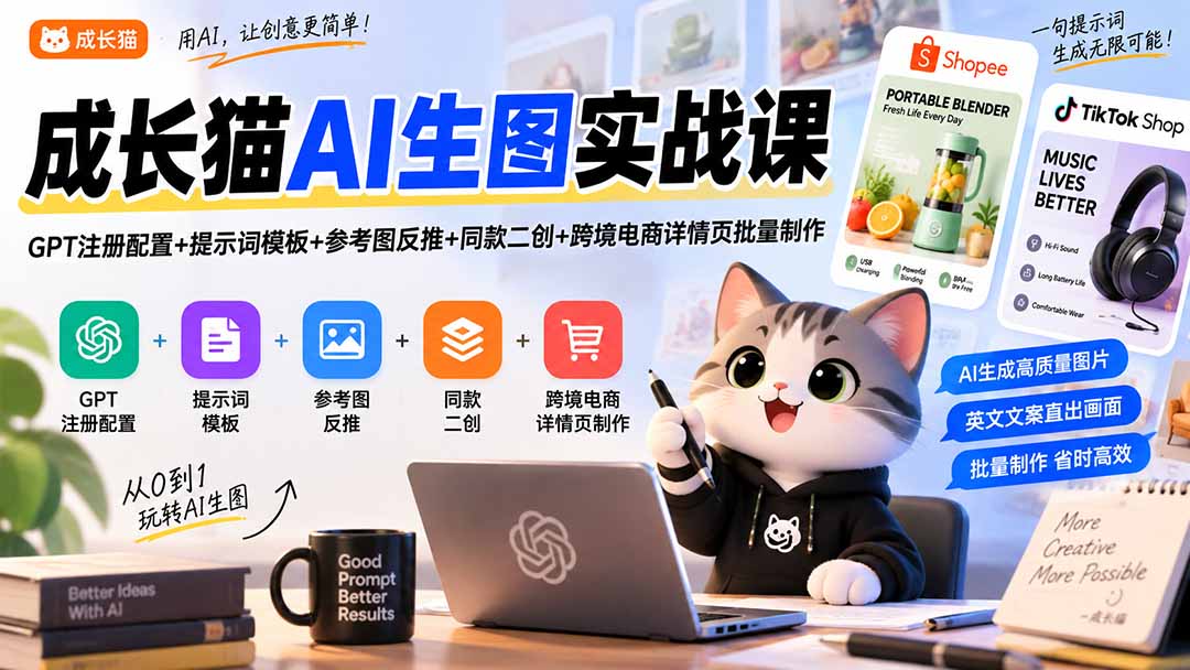 成长猫AI生图实战课|GPT注册配置+提示词模板+参考图反推+同款二创+跨境电商详情页批量制作-橙心云网创