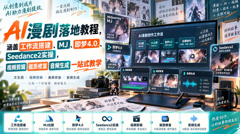 AI漫剧落地教程,涵盖工作流搭建、MJ、即梦4.0、Seedance2实操,视频剪辑画质修复音频生成一站式教学-橙心云网创