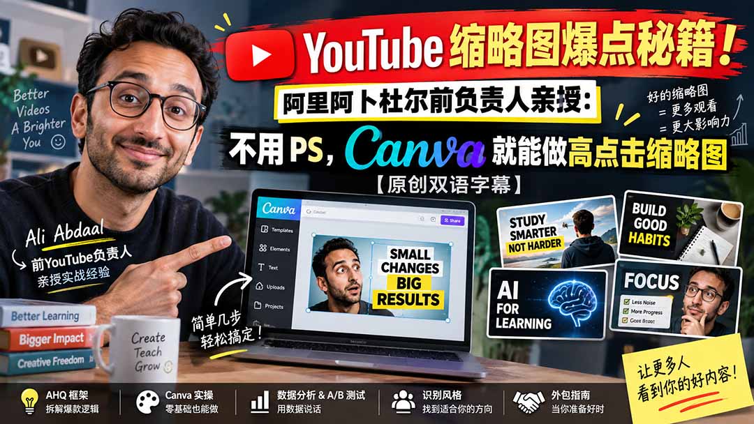 YouTube 缩略图爆点秘籍!阿里阿卜杜尔前负责人亲授:不用 PS,Canva 就能做高点击缩略图【原创双语字幕】-橙心云网创