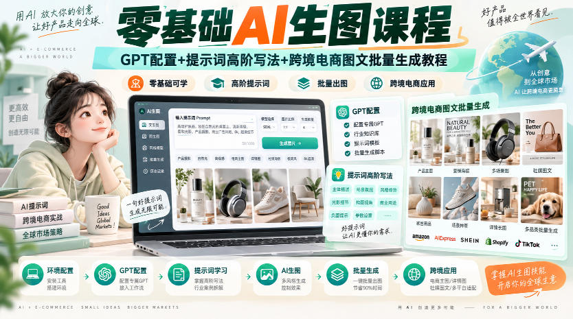 零基础AI生图课程，GPT配置+提示词高阶写法+跨境电商图文批量生成教程-橙心云网创