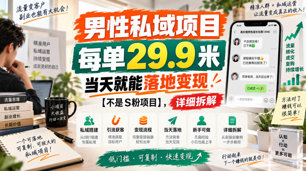 男性私域项目,每单29.9米,当天就能落地变现【不是S粉项目】,详细拆解-橙心云网创