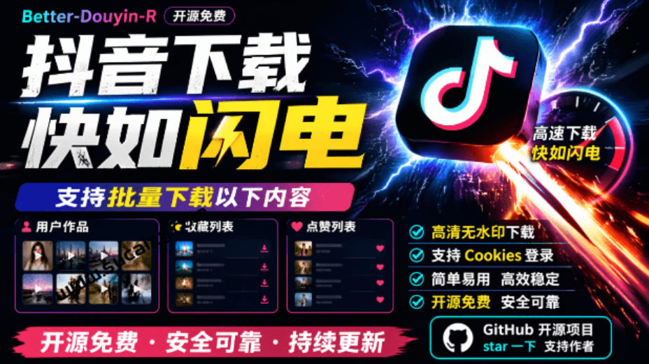 超级好用！抖音视频下载神器，支持批量下载用户作品收藏列表和点赞列表，开源完全免费Better-douyin-R-橙心云网创