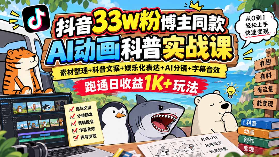 抖音33W粉博主同款AI动画科普实战课|素材整理+科普文案+娱乐化表达+AI分镜+字幕音效,跑通日收益1K+玩法-橙心云网创