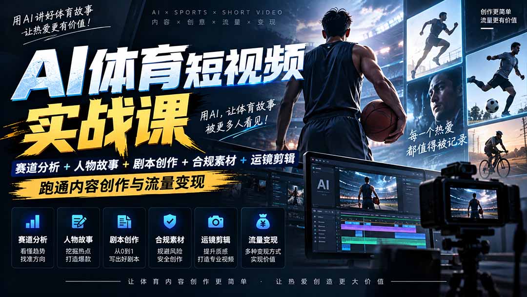 AI体育短视频赛道顶级玩法|赛道分析+人物故事+剧本创作+版权处理+运镜剪辑,跑通流量变现-日赚1K+-橙心云网创