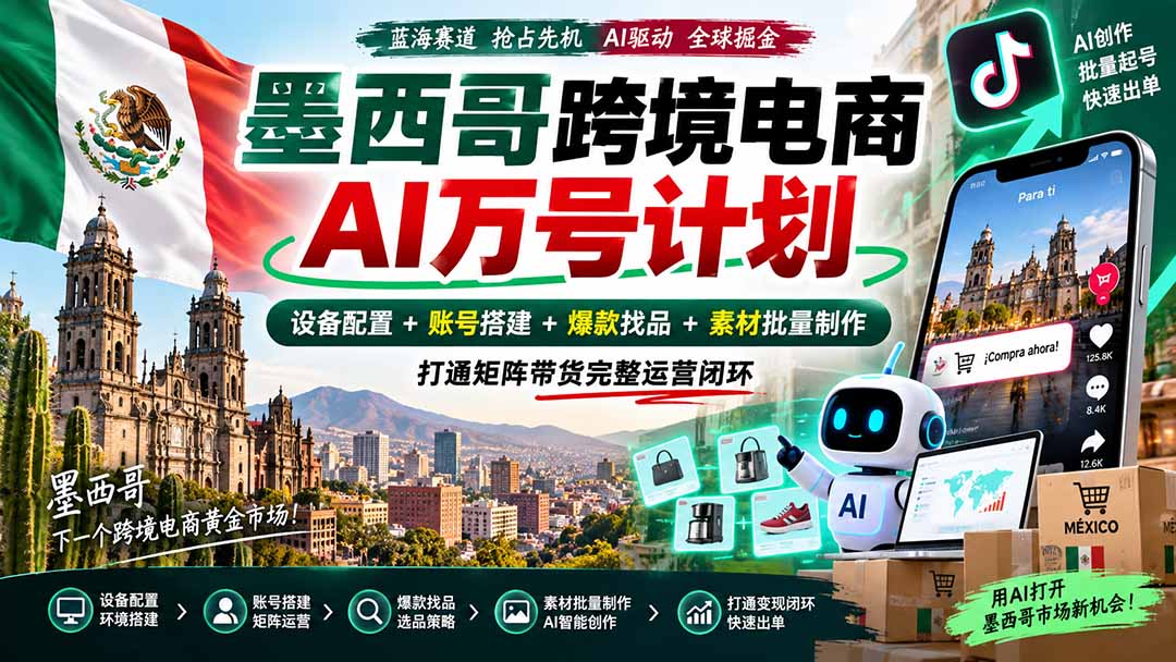 墨西哥AI跨境电商万号计划|设备配置+账号搭建+爆款找品+素材批量制作,打通矩阵带货完整运营闭环-橙心云网创