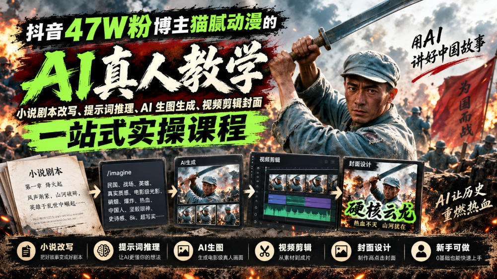 抖音47W粉博主猫腻动漫的AI真人漫剧教学,小说剧本改写、提示词推理、AI生图生成、视频剪辑封面一站式实操课程-橙心云网创