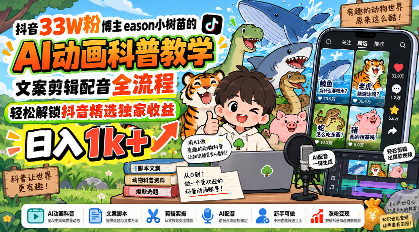 抖音33W粉博主eason小树苗的AI动画科普教学,文案剪辑配音全流程,轻松解锁抖音精选独家收益,日入1k+-橙心云网创