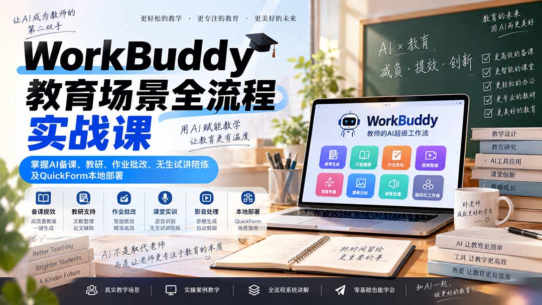 WorkBuddy教育场景全流程实战课:掌握AI备课、教研、作业批改、无生试讲陪练及QuickForm本地部署-橙心云网创