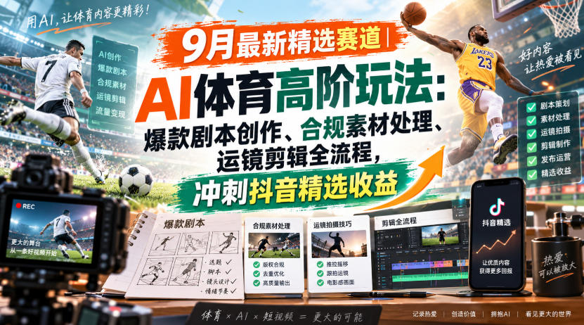 某大佬的9月最新精选赛道之AI体育顶级玩法,爆款剧本创作、版权规避、运镜剪辑全流程,稳拿抖音精选收益-橙心云网创