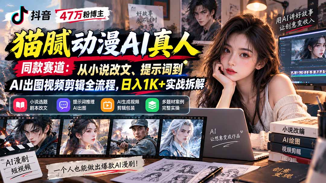 抖音47万粉博主猫腻动漫AI真人同款赛道：从小说改文、提示词到AI出图视频剪辑全流程，日入1K+实战拆解-橙心云网创