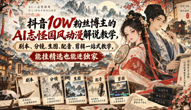 抖音10W粉丝博主满堂诡事的AI志怪国风动漫解说教学,剧本、分镜、生图、配音、剪辑一站式教学,能挂精选也能进独家-橙心云网创