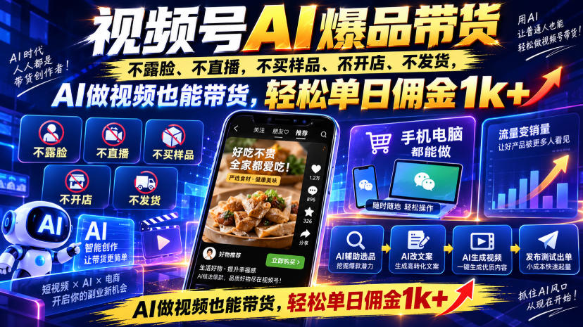 视频号Ai爆品带货,不露脸、不直播、不买样品、不开店、不发货,AI做视频也能带货,轻松单日佣金1k+-橙心云网创