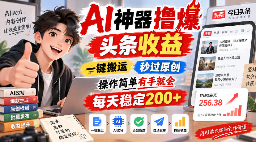 AI神器撸爆头条收益,一键搬运,秒过原创,操作简单有手就会,每天稳定200+【揭秘】-橙心云网创
