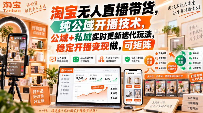 淘宝无人直播带货,纯公域开播技术,公域+私域实时更新迭代玩法,稳定开播变现做,可矩阵【揭秘】-橙心云网创