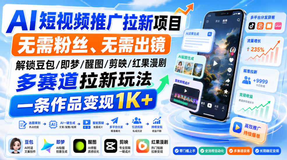 AI短视频推广拉新项目,无需粉丝、无需出镜,解锁豆包/即梦/醒图/剪映/红果漫剧多赛道拉新玩法,一条作品变现1K+(更新0918)-橙心云网创