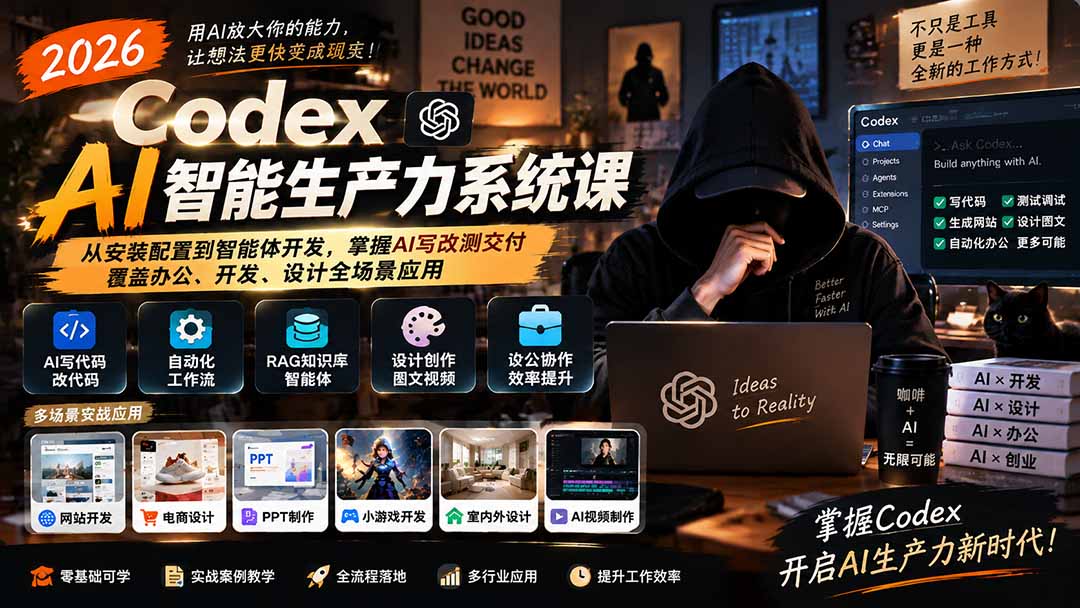 2026 Codex AI智能生产力系统课-更新|从安装配置到智能体开发,掌握AI写改测交付,覆盖办公、开发、设计全场景应用-橙心云网创