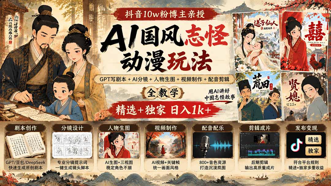 抖音10w粉博主亲授AI国风志怪动漫玩法|GPT写剧本+AI分镜+人物生图+视频制作+配音剪辑全教学|精选+独家日入1k+-橙心云网创