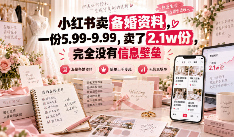 小红书卖备婚资料，一份5.99-9.99，卖了2.1w份，完全没有信息壁垒-橙心云网创