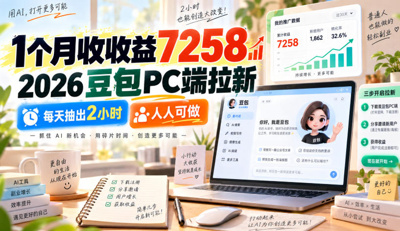 1个月收收益7258，2026豆包PC端拉新，每天抽出2小时，人人可做-橙心云网创